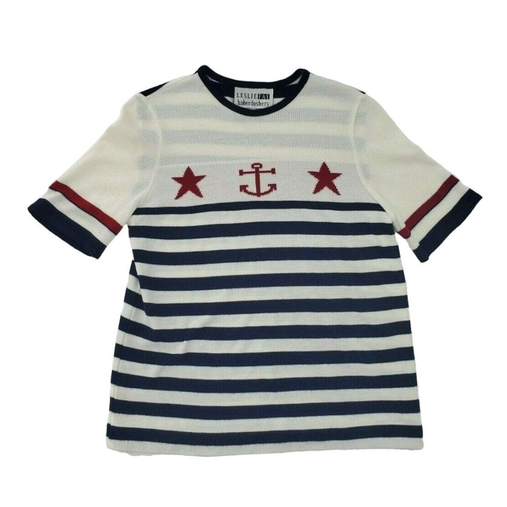 Vintage Nautical Sweater PS Red White Blue Anchor Stars Sailor‎ Style Knit Top